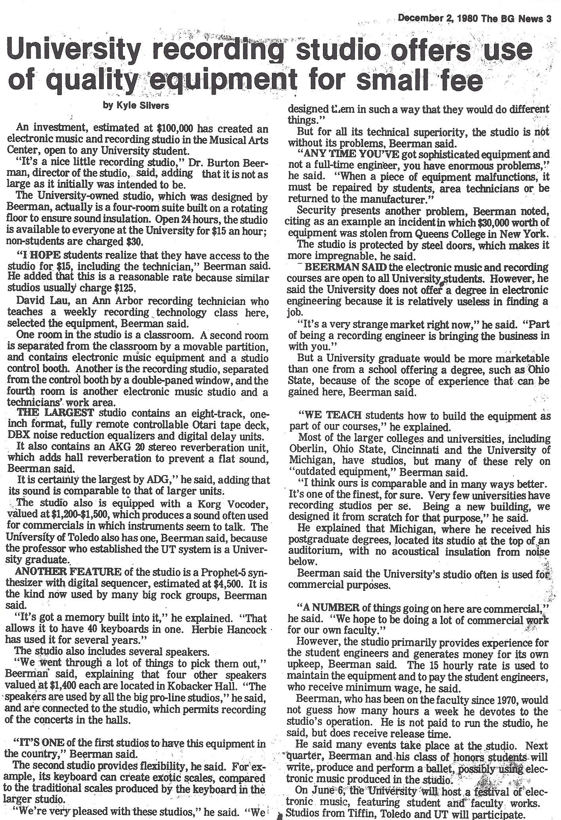 1980 newspaper article on the bgsu recording studios 1980 newspaper article