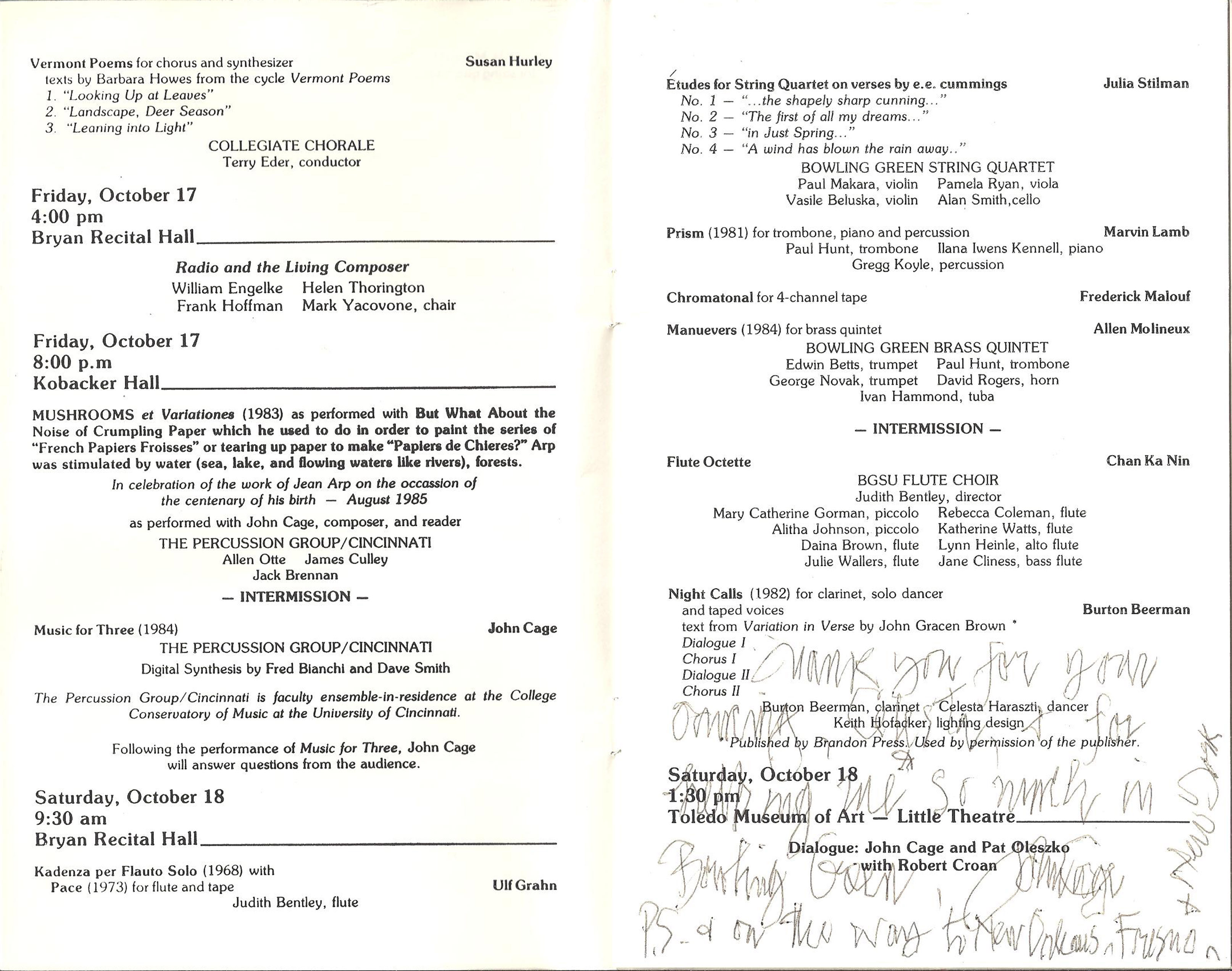 john cage commenting on performance of Night Calls cage signature